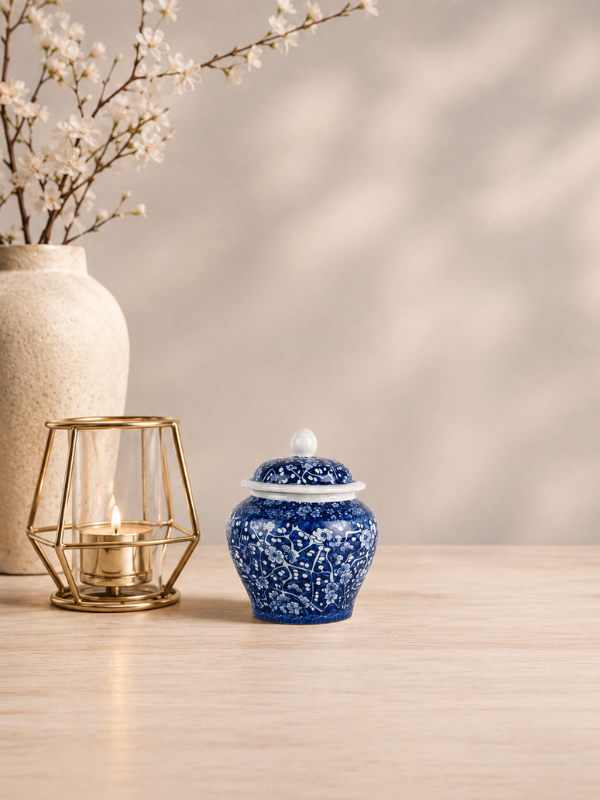 Mini urn - Bloemenprint Delfts Blauw